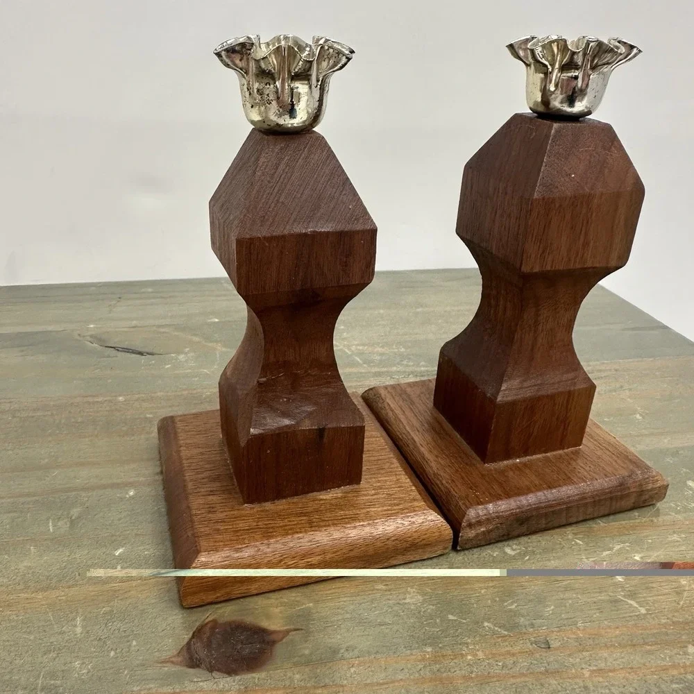 Vintage Mid Century Wood Candle Holders Pair Geometric Carved Taper Candlesticks